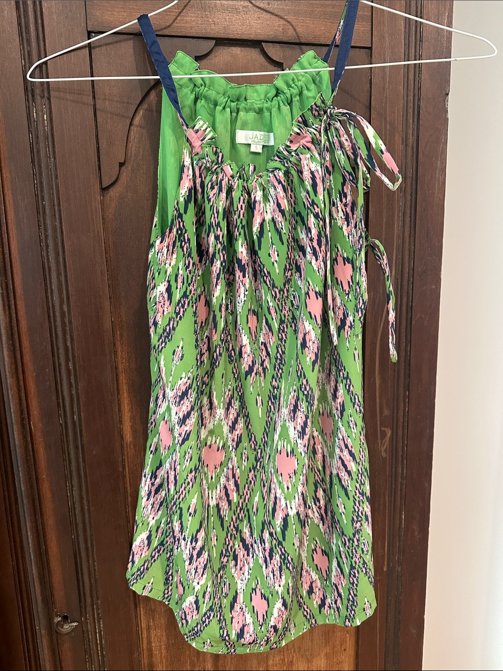 Jade Green Pink and Navy Tie-Shoulder Silk Top size small